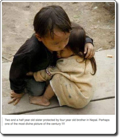 The photo does actually show a young boy comforting his sister. But it wasn't taken in Nepal in 2015. It was taken in Vietnam in October 2007 by photographer Na Son Nguyen. Na Son told the BBC News that he was in Can Ty, a remote village in Ha Giang province, when he came across the two children who were playing while their parents were working in the field. The girl started to cry, frightened by the presence of a stranger, and the boy reached out to comfort her. About three years later, Na Son noticed that the photo was going viral amongst Vietnamese Facebook users who were mistakenly describing it as a photo of "abandoned orphans." He tried to correct the misinformation, but to no avail. The photo was subsequently misidentified as showing "Burmese orphans" and "victims of the civil war in Syria." However, it reached the heights of its viral popularity after the Nepal earthquake when the two children were associated with that tragedy. http://hoaxes.org/photo_database/viral_images